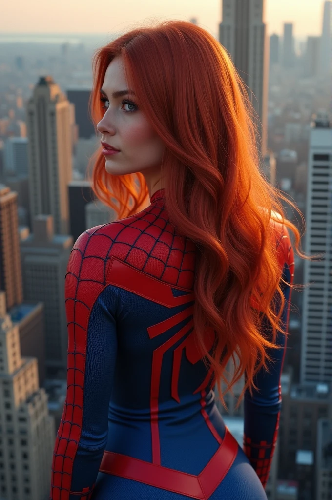 (full body shot:1) photorealistic image of a woman, ultrarealistic, photography, long red hair, woman, 24 years old, hourglass figure, perfect body, Flirty look, natural medium breasts, wearing a spider-woman suit, superhero pose, from behind, standing on top of the empire state building, looking back, camera from above, birdseye view