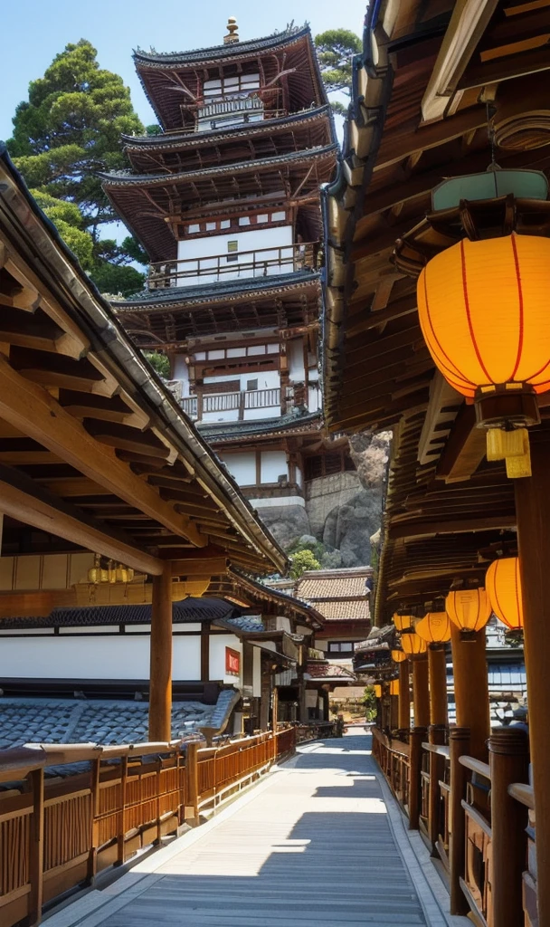 High resolution, Japanese-style streetscape, steep cliff, wooden scaffolding on which Japanese-style buildings are built on rock faces, Japanese-style buildings embedded in the side of cliffs, smoke rising from the chimneys of the pioneers, gorgeous, huge Japanese-style buildings, a building with a shoji screen-like structure below and a tiled roof above it, Chinatown above that, and even more magnificent castle tower above that, fantasy, real, lanterns, lights coming from the shoji screens, a vibrant ancient city, Japanese-style, many overlapping tiled roofs, unstable Japanese-style buildings 


