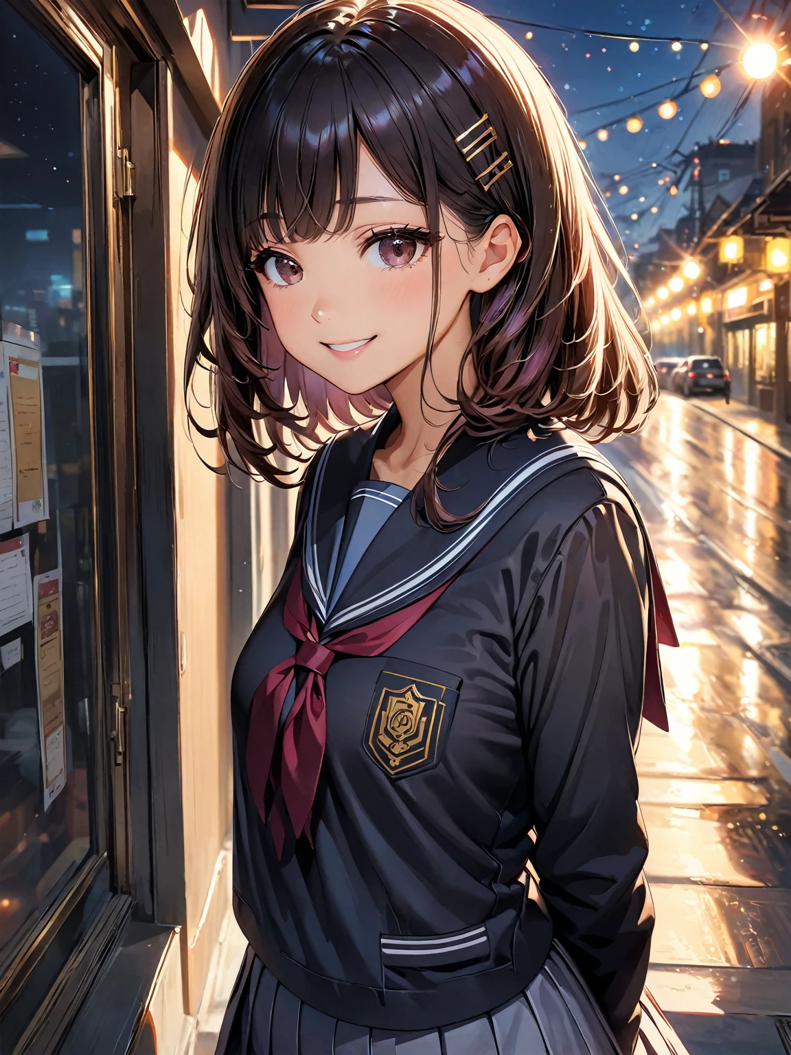 black hair、side drill、hairpin、Tareme、long eyelashes、shy、smile、realism、hyper realism、anime style、cinematic lighting、reflected light、film grain、cowboy shot、Lens flare、Bokeh、highest quality、High resolution、4K、8K、high detail、anatomically correct、(JK、school uniform)。