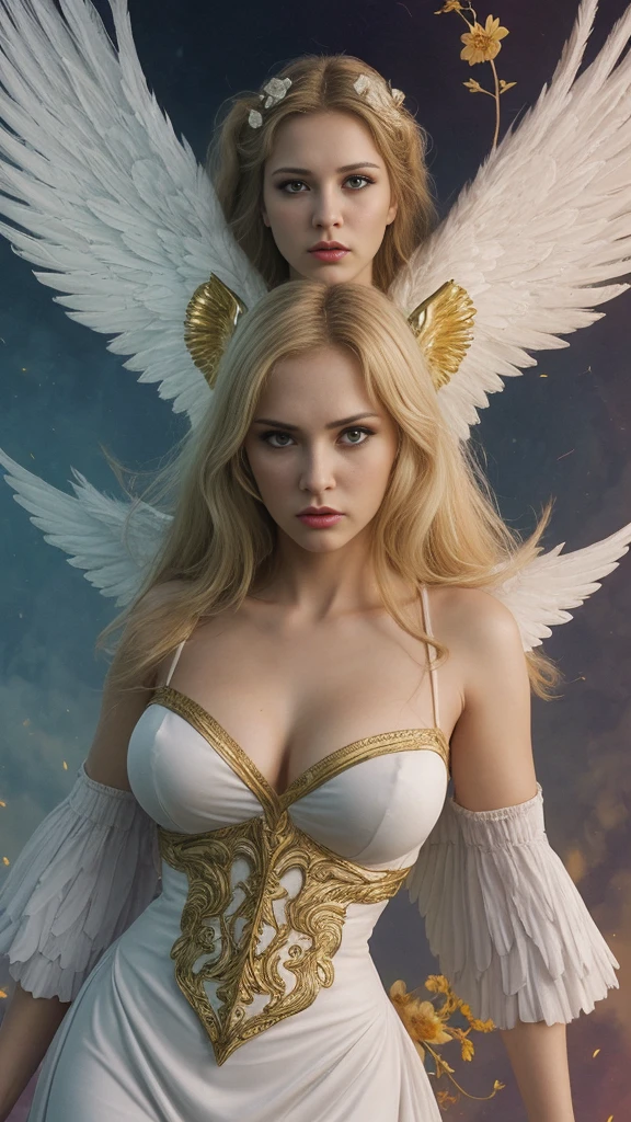 comics art,vivid colors,beautiful vintage angel warrior woman with very big big wings,beautifu lface,corpo de frente para o observador,segurando uma espada na frente do corpo,white dress with gold embroid details,little breasts, determined angry face expression,flowery background,soft lighting)