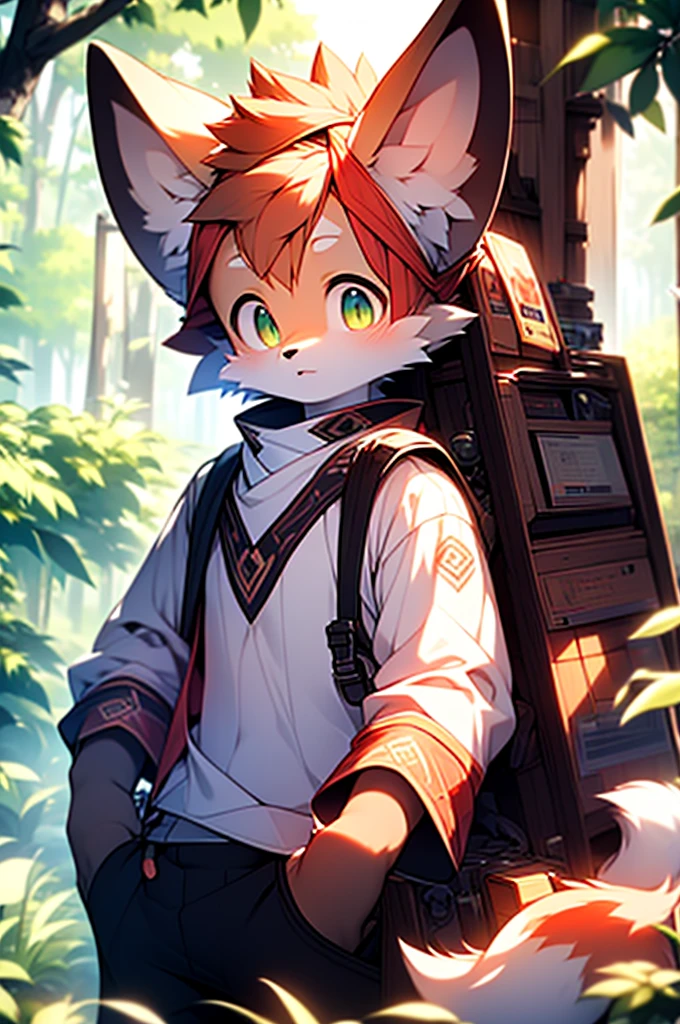 8k, Super Detail, precise, best quality，Seventeen-year-old fox boy，orange hair，Green eyes，Rich plush texture，Realistic style，Deep in the forest，early morning，Bright Light，Detailed background