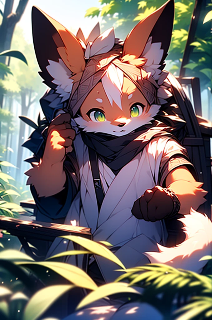 8k, Super Detail, precise, best quality,Seventeen-year-old fox boy,orange hair,Green eyes,Rich plush texture,Realistic style,Deep in the forest,early morning,Bright Light,Detailed background