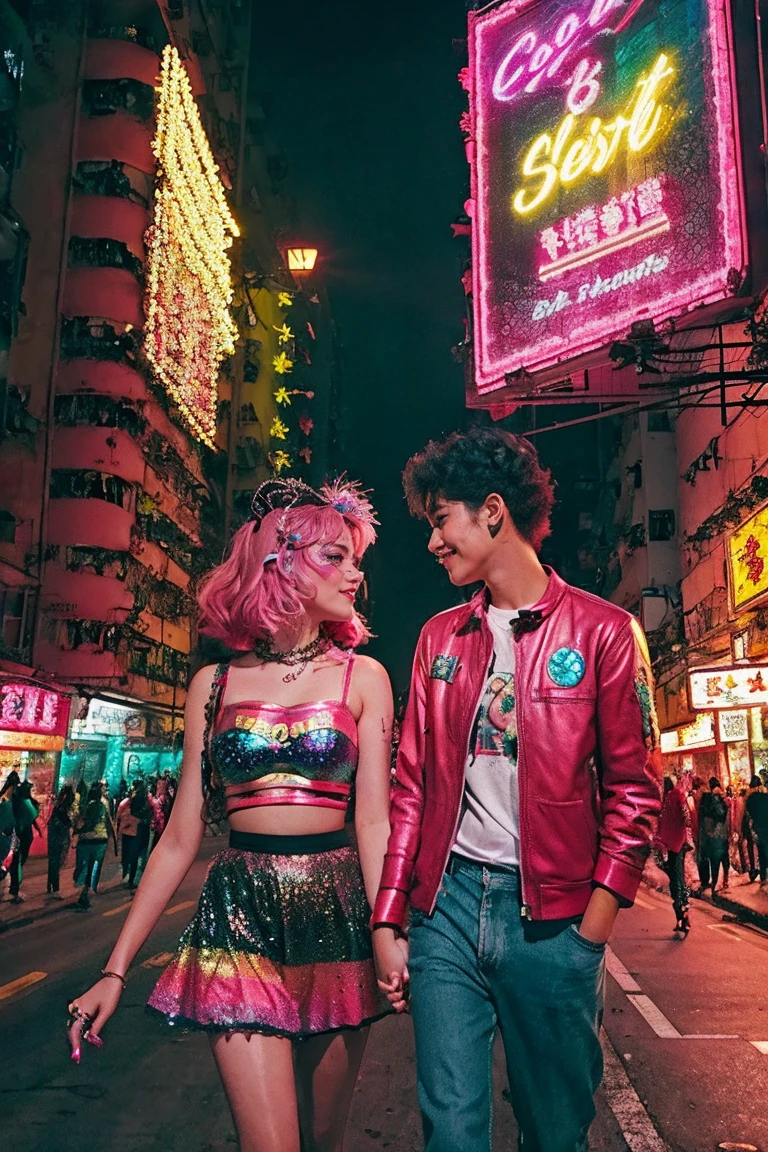 hong kong, night, (giant moon in the sky:1.5, man holding a girl hands and look each other deeply in heart and whisper, lean on the wall, romantic), (Awkward,blush :1.3), y 2 k cutecore crowncore, Lovely Decora Rainbow Core, Lovely high quality rendering, Candy Girl, Deco, Unreal Engine : : Carnival Makeup, Working Girl, raver girl, Glitch Punk Girl, soda themed girl, Lively and cheerful, 80s pin-up style, 