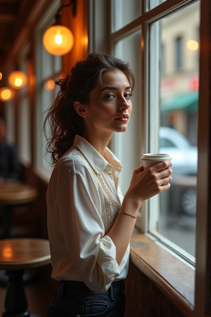 Cafe,window,Elegant lady,Coffee cup in hand