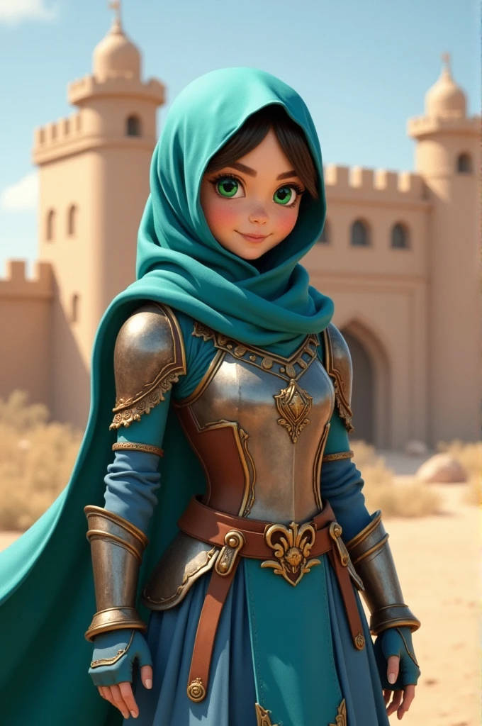 masterpiece, best quality:1.2), smiling at the viewer, warrior princess girl with green eyes, wearing blue hijab headscarf, armor, armored dress, blue puffy princess skirt, green cape, armored boots, blue fingerless gloves, standing in front of desert castle