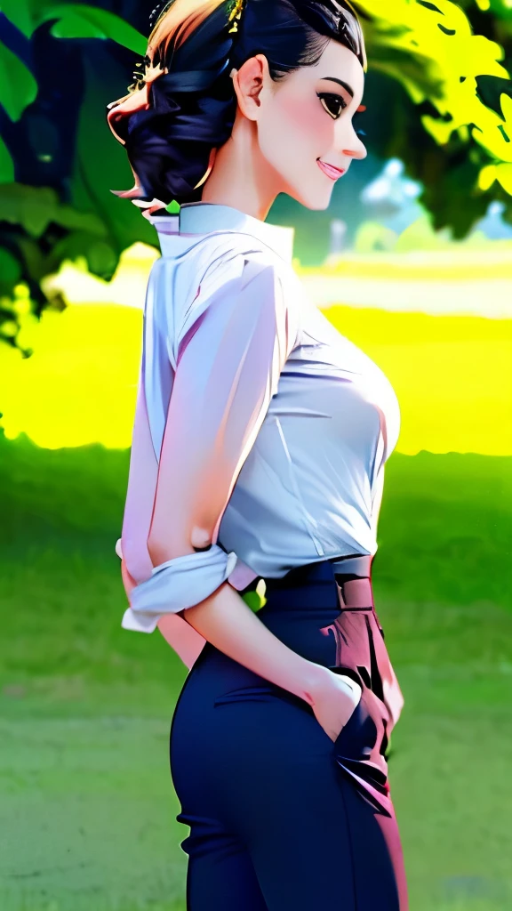 arafed woman standing next to a tree near a lake, a sketch by Pruett Carter, tumblr, bauhaus, middle shot waist up, accentuated hips, waist - shot, thin waist, 5 0 s style, 50s style, slender waist, 1 9 5 0 s style, wearing pants, with hands in pockets