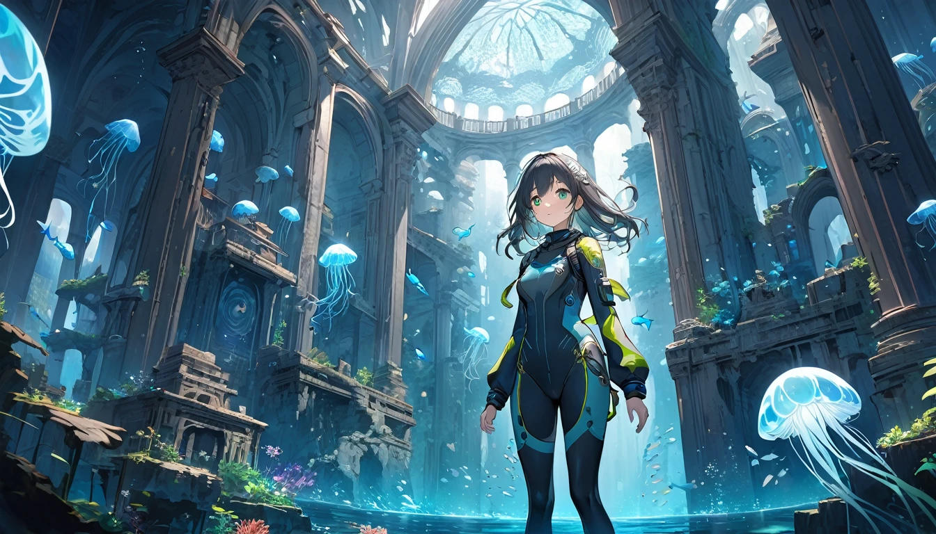 **217. One person。Mysterious Underwater City。Fantasy＋adventure。Cowboy shot or close-up。  
masterpiece, best quality, ultra detailed (Detailed fingers), (Emotional), (Breathtakingly beautiful),  
(main part: 1.2 Whole body。), (Anime Style), (Very detailed), (Quiet),  
(超High resolution, High resolution), (8k), (High resolution: 1.2), (Complex and beautiful: 1.2)**
- background: Deep Sea City Ruins、The blue light spreads dimly。
- character: Deep sea explorer girl、Wearing an elegant diving suit。
-pose: Standing in front of an ancient building、Holding a mysterious relic。
-expression: Eyes expressing curiosity and surprise、A look of quiet determination。
- Effects: Glowing jellyfish and fish float around、Fantasyな雰囲気を醸し出す。
-color: Deep blue and green hues、Creates silence and mystery。
