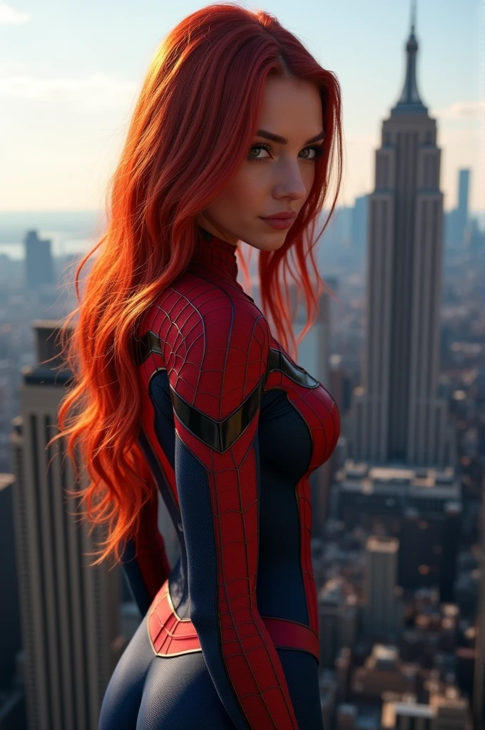 (full body shot:1) photorealistic image of a woman, ultrarealistic, photography, long red hair, woman, 24 years old, hourglass figure, perfect body, Flirty look, natural medium breasts, wearing a spider-woman suit, superhero pose, from behind, standing on top of the empire state building, looking back, camera over her head, birdseye view