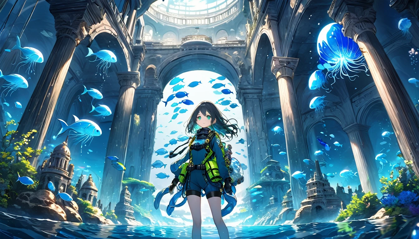 **217. One person。Mysterious Underwater City。Fantasy+adventure。Cowboy shot or close-up。
masterpiece, best quality, ultra detailed (Detailed fingers), (Emotional), (Breathtakingly beautiful),
(main part: 1.2 Whole body。), (Anime Style), (Very detailed), (Quiet),
(超High resolution, High resolution), (8k), (High resolution: 1.2), (Complex and beautiful: 1.2)**
- background: Deep Sea City Ruins、The blue light spreads dimly。
- character: Deep sea explorer girl、Wearing an elegant diving suit。
-pose: Standing in front of an ancient building、Holding a mysterious relic。
-expression: Eyes expressing curiosity and surprise、A look of quiet determination。
- Effects: Glowing jellyfish and fish float around、Fantasyな雰囲気を醸し出す。
-color: Deep blue and green hues、Creates silence and mystery。