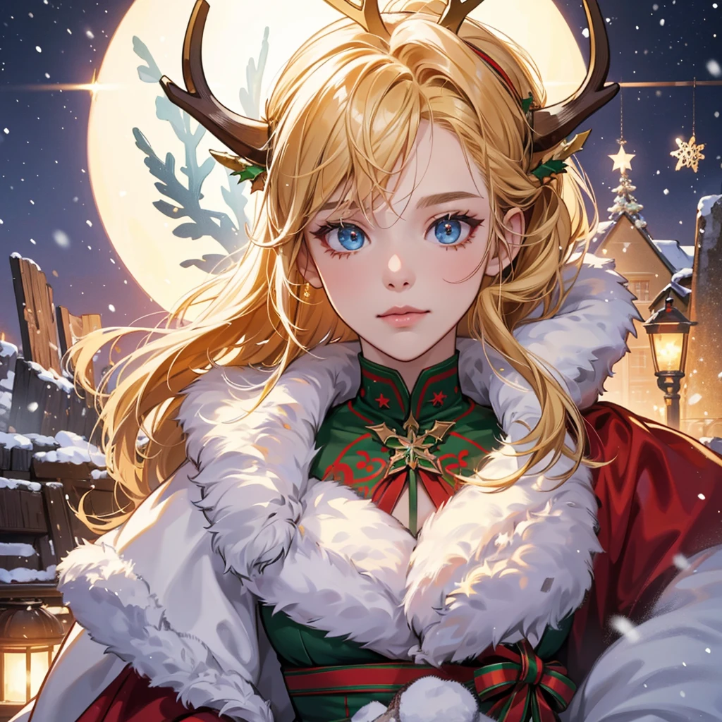 Christmas theme, beautiful cyborg, 8k, hd, unreal engine, masterpiece, 4k, extra details, Christmas decoration, snow, close face, Christmas cosplay, golden hair, reindeer ears