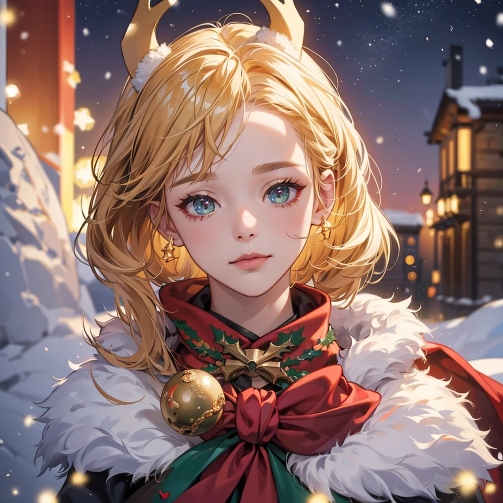 Christmas theme, beautiful cyborg, 8k, hd, unreal engine, masterpiece, 4k, extra details, Christmas decoration, snow, close face, Christmas cosplay, golden hair, reindeer ears