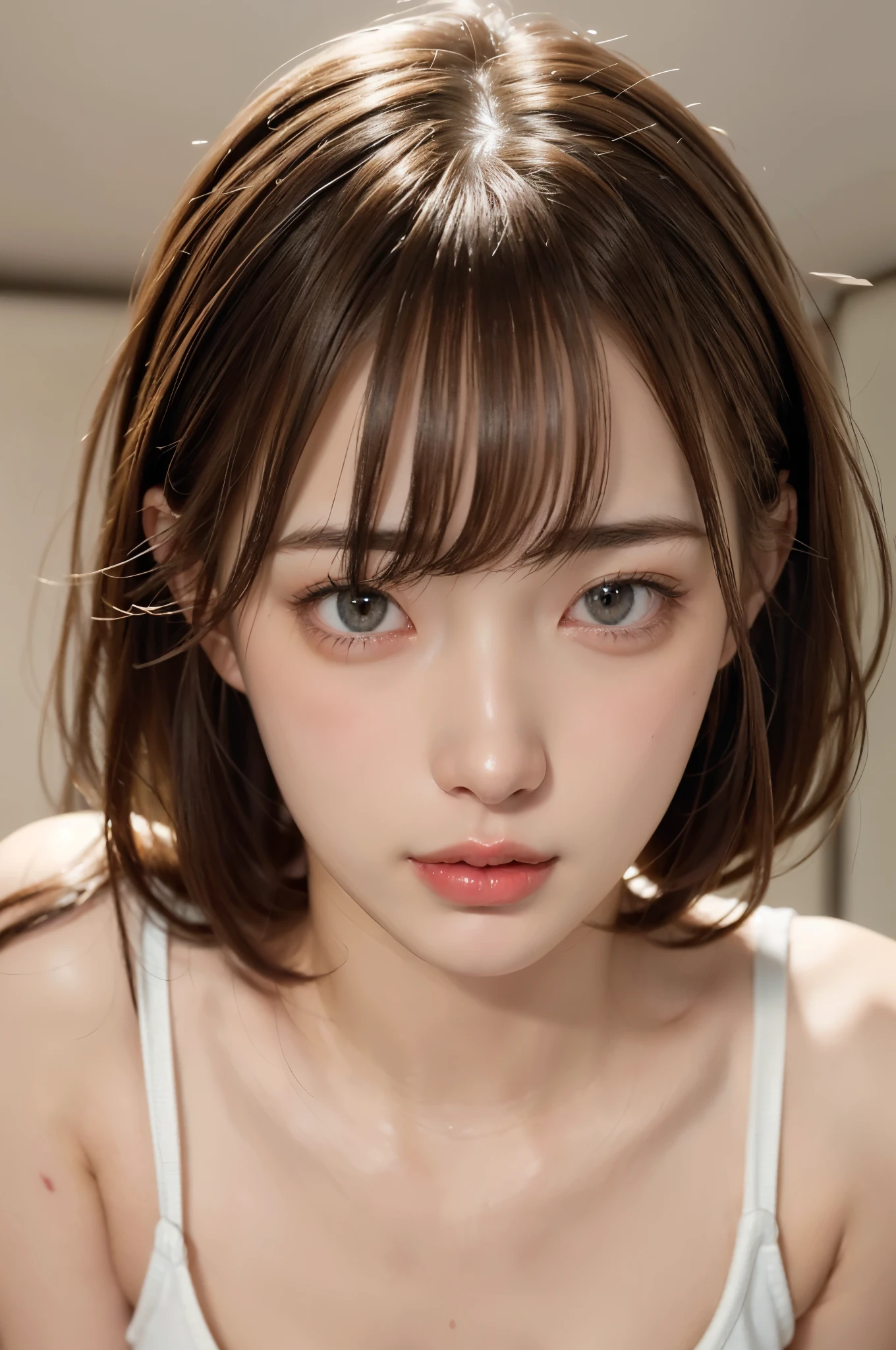 (extremely realistic), (illustration), (high resolution), (8 thousand), (very detailed), (Best illustration), (beautiful and delicate eyes), (best quality), (ultra detail), (masterpiece), (wallpaper), (detailed face), night, upper body up, Short hair,Inner Color,alone,Simple White Tank Top Girl, laborious, Japanese, big bust