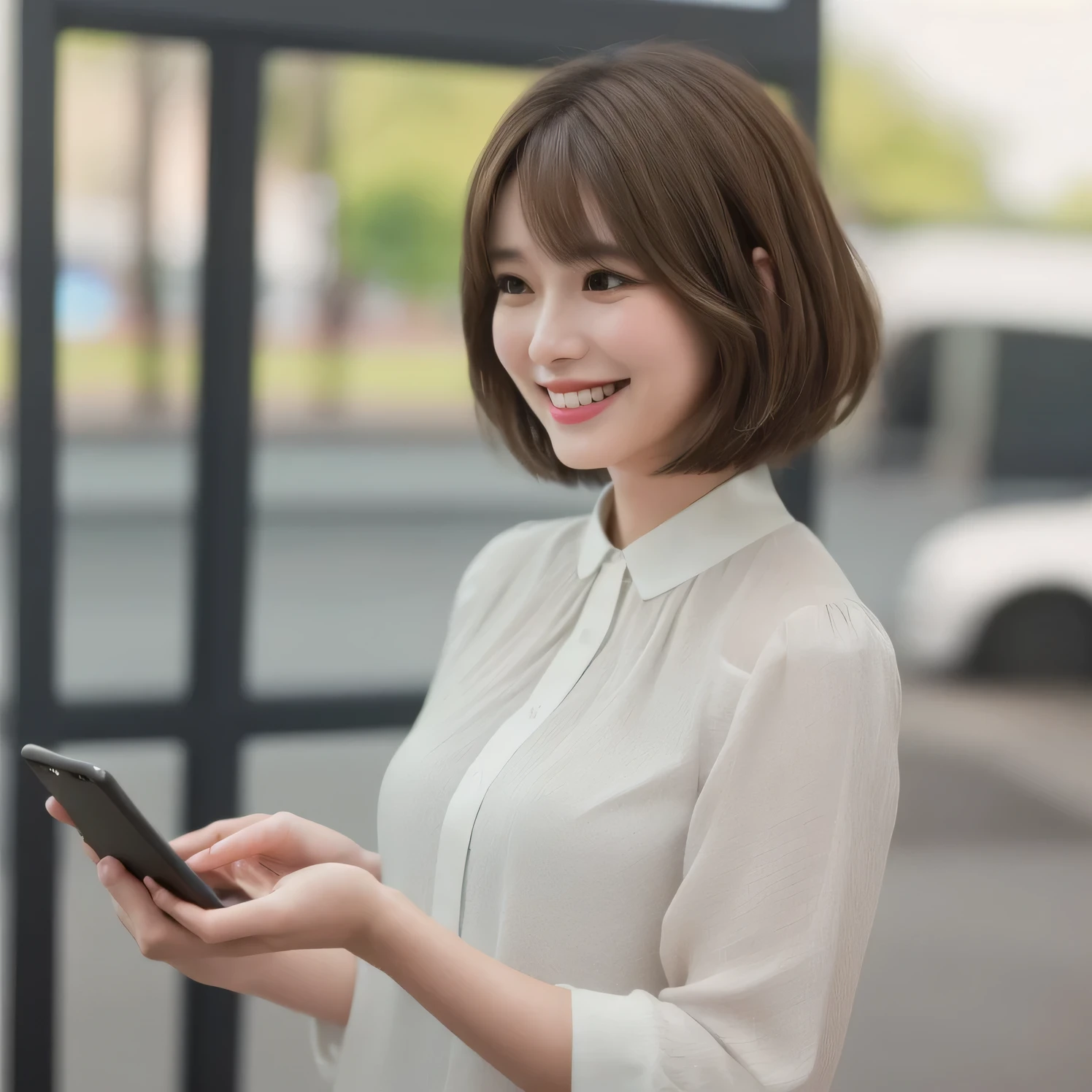 Eyes on the smartphone,Stand on the edge of the screen,Stand on the right side of the screen,View smartphone,Staring at smartphone,Realistic, Realistic, Realistic, Realistic, masterpiece, Highest quality, Very detailed,Textured skin, Attention to detail, Highest quality, 8k, (Clear contours), woman,30 years old, holds a smart phone in one hand:1.5, White blouse,A big smile, smile:1.2, shy, Shaggy Cut,Brown Hair, Brown Hair, Inverted hair