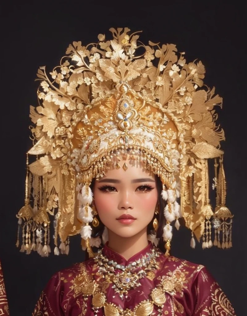 a close up of a woman in a traditional dress with a headdress, indonesian traditional dress, traditional dress, wearing authentic attire, traditional costume, traditional clothes, authentic costume, traditional clothing, batik, high quality theatre costume, wearing ornate clothing, ornate attire, wearing an ornate outfit, costume, royal gown, traditional tai costume, wearing traditional garb, elaborate costume