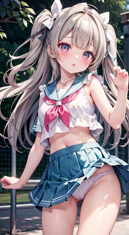 Minami Kotori, One side up, Hair Ribbon, masterpiece, Highest quality, High resolution, unity 8k wallpaper, figure, Detailed eyes, Highly detailed face, Extremely detailed CG, Glossy Lips, light makeup, Are standing, Halter top, Ruffled tiered mini skirt, panties, necklace, (School grounds:1.2), Large Breasts, Cheerleader