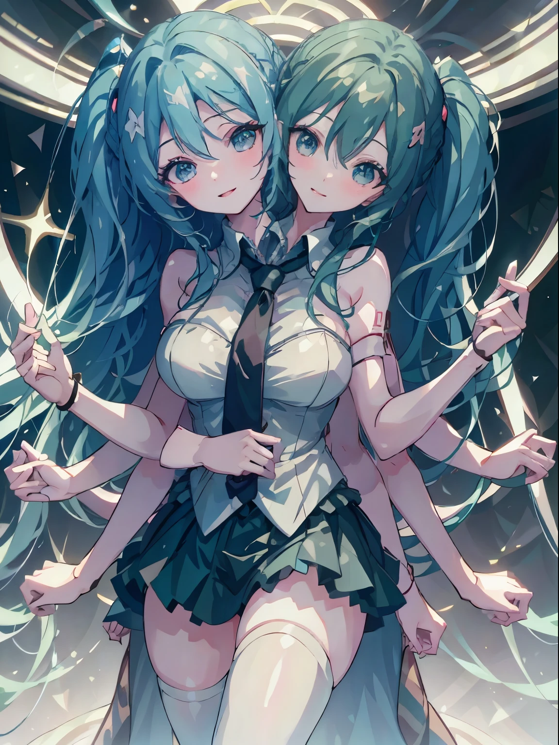 (Masterpiece, best quality), best resolution, (2 heads:1.5), 1 woman, Hatsune Miku, aqua hair, twin tail, long hair, tear, open mouth, smile, be happy, sing, Dancing, White sleeveless shirt, Aqua necktie, black skirt, Arms separated, DSLR Photos, (8ก, 4K, Masterpiece),(Masterpiece, best quality), best resolution, (3 heads:1.5),Arms separated,arm circle, (Put your hands on your head...), (lower hand on ankle), (lower hand on leg), Full content in the frame, full body view, (four arms),(Multi-arm),(many hands), รูปร่างเพรียวบาง Masterpiece,best quality,best resolution,1 woman,many heads, upper body, smile,  Facing the audience,big breasts,simple background,Beautiful face,Beautiful hair,beautiful eyes,beautiful body,Beautiful hands,conjoined twins