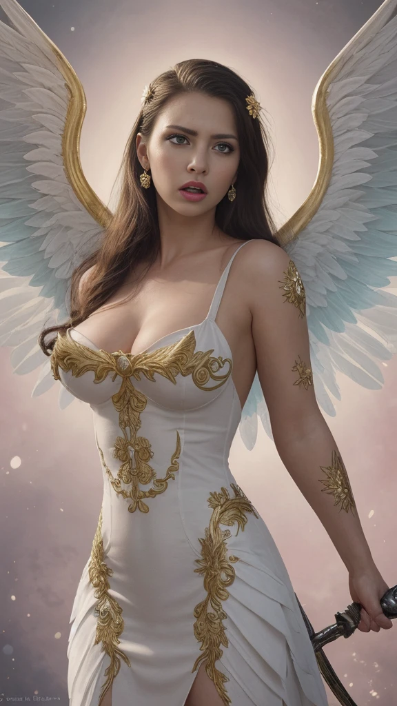 comics art,vivid colors,beautiful vintage angel warrior woman with very big big wings,beautifu lface,corpo de frente para o observador,segurando uma espada na frente do corpo,white dress with gold embroid details,little breasts, determined angry face expression,flowery background,soft lighting)