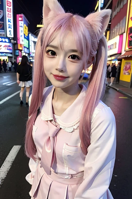 ((Pink Hair))、((Pink Hair))、((Twin tails))、((Highest quality、8k、masterpiece))、((Landmine Girl))((Highest quality、8k、masterpiece))、Sharp focus:1.2、(Small fox ears)、Cute 17 year old girl with perfect figure、((Japan schoolgirl summer uniform))、Highly detailed face、Pay attention to the details、double eyelid、Beautiful thin nose、Sharp focus:1.2、Beautiful woman:1.4、((Embrace yourself))、Highest quality、masterpiece、Ultra-high resolution、(Realistic:1.4)、((Neon Light))、((On the streets of Kabukicho at night))、Highly detailed and professional lighting、nice smile、((Japan schoolgirl summer uniform))