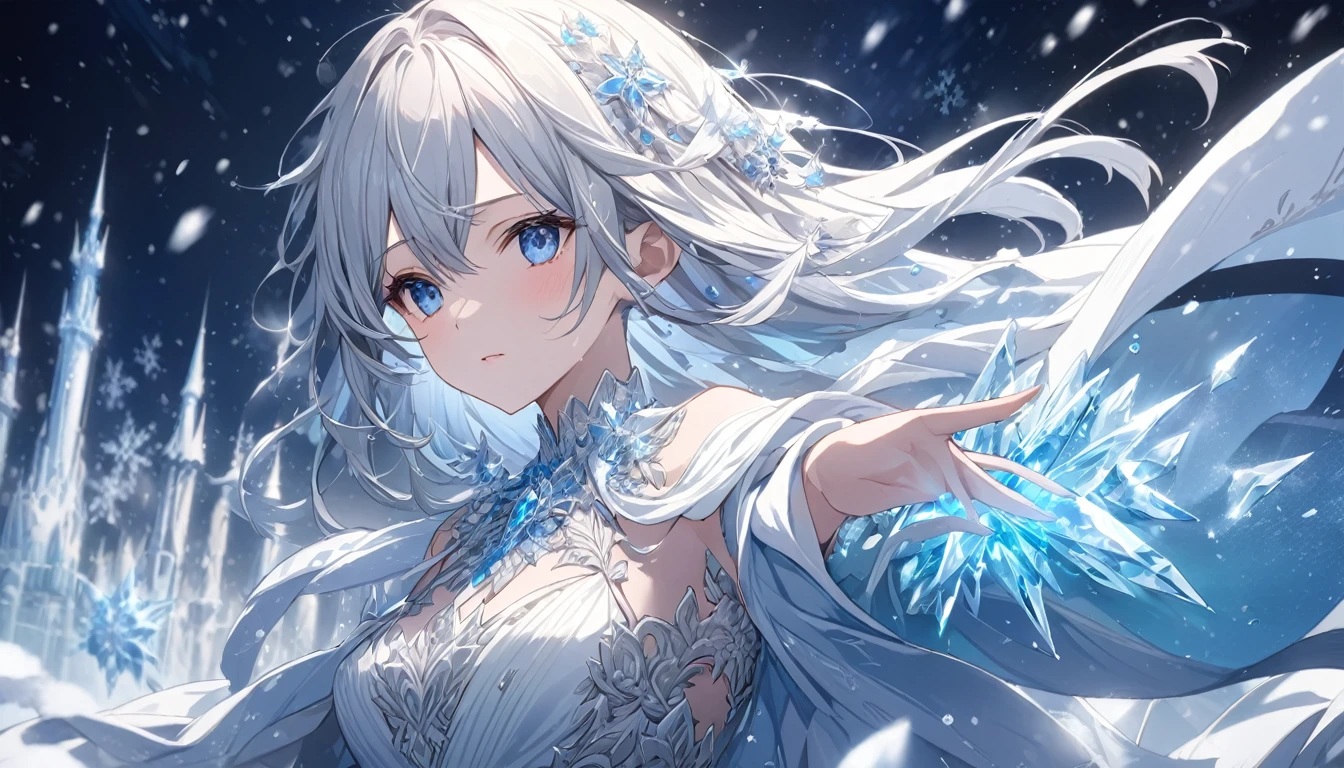 **218. One person。Winter night sky and ice palace。Fantasy+coldness。Cowboy shot or close-up。
masterpiece, best quality, ultra detailed (Detailed fingers), (Emotional), (Breathtakingly beautiful),
(main part: 1.2 Whole body。), (Anime Style), (Very detailed), (cold),
(超High resolution, High resolution), (8k), (High resolution: 1.2), (Complex and beautiful: 1.2)**
- background: Stars shining in the winter sky々、The ice palace can be seen in the distance。
- character: Ice queen in a silver dress、Long silver hair swaying in the wind。
-pose: Gazing at the palace、Ice crystals placed on the palm of the hand。
-expression: A cold but beautiful expression、A determined look。
- Effects: 空気が凍るようなcold霧が漂い、Snow is falling。
-color: Silver and blue as the base、coldnessと美しさを融合。