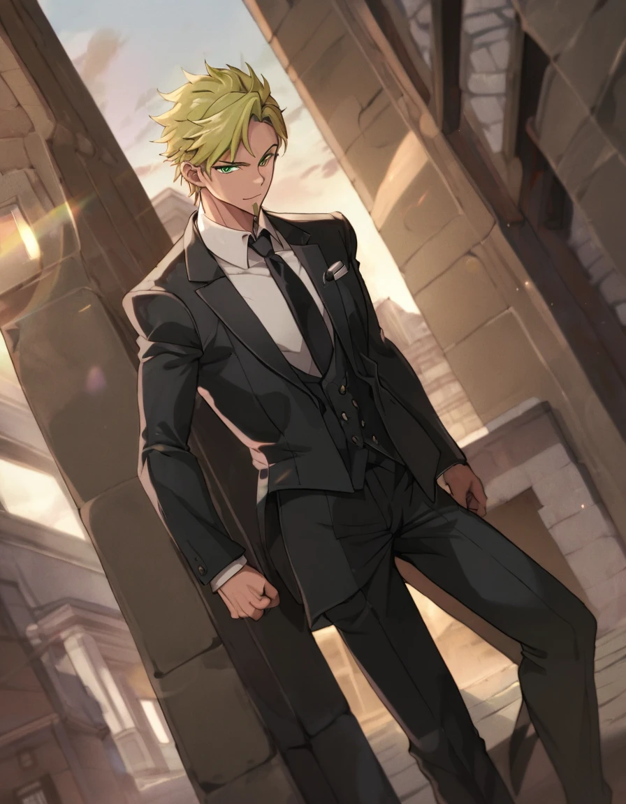 1man, professional spy agent, handsome mature, business hair with asymmetrical bangs, narrow goatee, green platina blond hair, emerald eyes, BREAK 45yo, caucasian, ordinary, facial wrinkles, pentagon shaped head, BREAK ideal ratio body proportions, middle weight muscular, broad body, beautiful detailed eyes, dark pupil, BREAK solo, funeral clothing, black suit, black necktie, white shirt, friendly smile, at wall street, detailed background, BREAK upperlegs, dandy posing, dramatic expression, 2000s, visual novel, in newest eroge style, dutch angle, cinematic shadows, cinematic lighting, lens flare, light leaks, texture, BREAK absurdres absolutely resolution, extreme all detailed, masterpiece, best quality