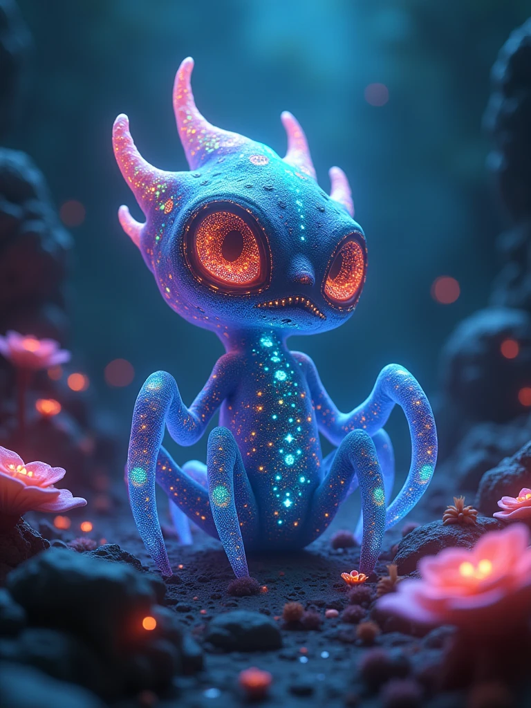 ((((Black Light Art)))), An extraterrestrial creature with multiple colorful appendages and eyes that shimmer in various hues. Its body exudes a bioluminescent glow while it moves in a zero-gravity environment. On its body, intricate patterns are carved out, similar to the constellations in the sky. Its skin color changes adaptively to its surroundings. This alien creature thrives in an alien terrain filled with bioluminescent flora that emits a soft radiating glow, Casting an otherworldly glow across the overall dark background.