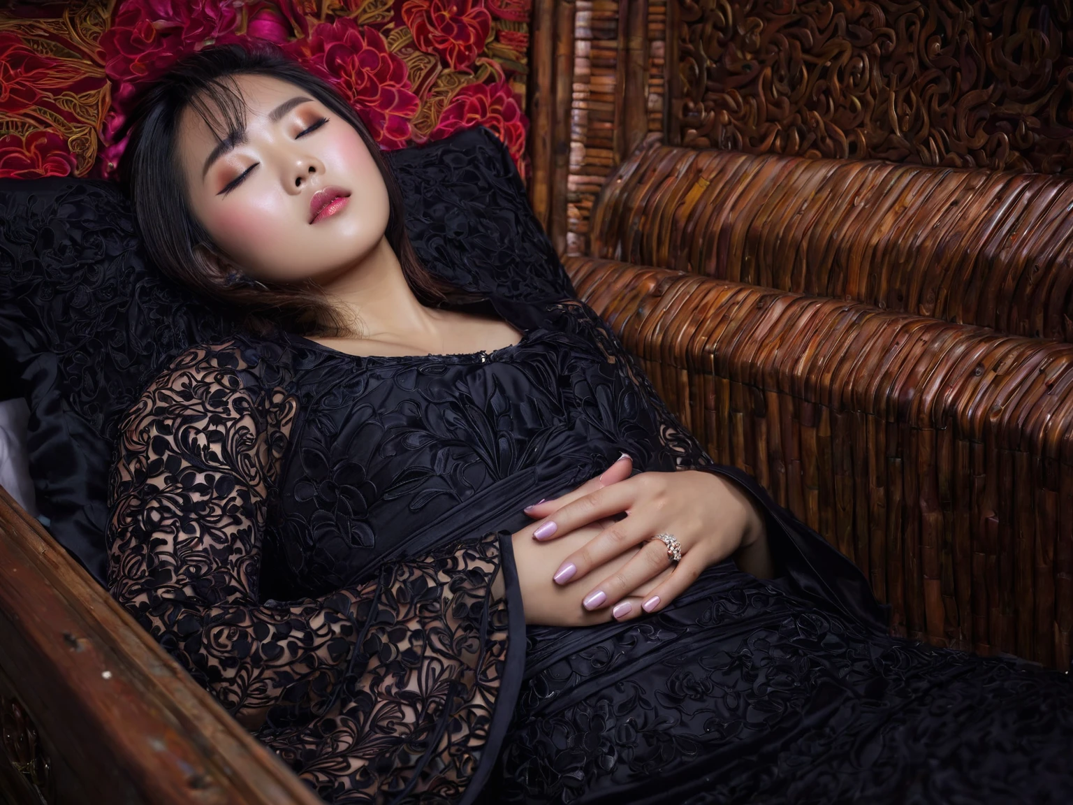 In a striking 8K HDR scene, a stunning Korean woman, 22 years old, lies peacefully in a coffin and coffin cover surrounded by plush pillows behind head. The deep box is set against a rich black background, accentuating the beauty of the subject. Her exquisite deep-V neckline kebaya attire is embroidered with superb detail, showcasing her round and firm breasts, perfect cleavage, and beautiful eyebrows. Her closed eyes and mouth give an air of serenity, while her visible and absolute cleavage leave nothing to imagination. The scene is bathed in saturated colors, highlighting every intricate aspect from the ball skirt to her clean face, straight body, detailed hand perfect hands, straight body, own hands together, own hand on stomach, detailed hands, perfect hands, holding the flowers.