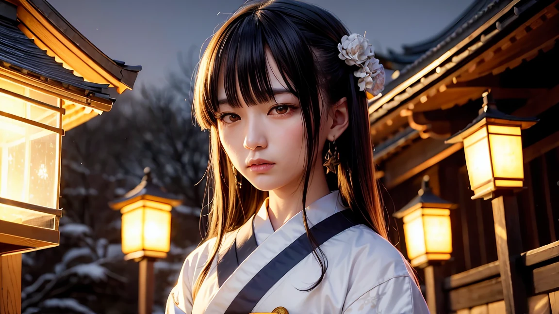 Under the dark night sky、A portrait of Abe no Seimei with a solemn expression、A small drawing of Seimei、A pentagram with a cold light shining behind it、Old shrine background、Mossy stone pavement and rows of lanterns