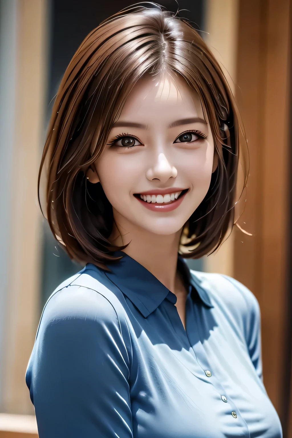 ((masterpiece)), ((Highest quality)), ((Complex)), ((Surreal)), (Realistic), (Mature Woman), ((No classes)), Very detailed, (1 female), Beautiful and exquisite, (Beautiful Teeth), Grin, Brunette bob hair, Brown eyes, ((blouse)), (Upper Body), (background:none), Perfect Eyes, Captivating eyes, Looking at the audience