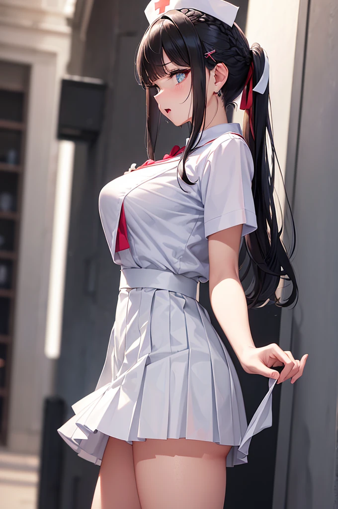 A beautiful girl dressed as a nurse posing for the photo, using stethoscope, anime girl, (quite adorable nurse dress with brief pleated skirt and robe and nurse hat), upskirt, (skirt lift:1.4), white lace panties, white lace stockings, big rounds breasts, cute ass, dark brown hair, bangs, french braid, long hair, ponytail, wavy hair, asymmetrical bangs, asymmetrical bangs, shiny hair, nurse cap, hairclip, hair ribbon, aqua eyes, glowing eyes, pupils sparkling, earrings, open mouth, embarrassed, blush, nervous, surprised, glossy lips, worried, high detail, anime, anime style, depth of field, cinematic lighting, dithering, image fill, first-person view, dutch angle, (front view:1.4), from below, (whole body), atmospheric perspective, perspective, Wide-Angle, f/1.8, 85mm, Nikon, 8k, super detail, UHD, retina, masterpiece, accurate, anatomically correct, textured skin, high details, best quality, highres