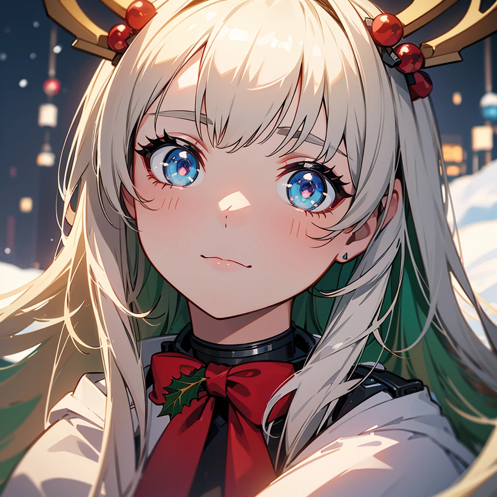 Christmas theme, cute beautiful cyborg, 8k, hd, unreal engine, masterpiece, 4k, extra details, Christmas decoration, snow, close face, Christmas cosplay, reindeer ears