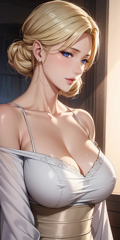 Elegant mature woman, milf, blue eyes, blonde hair, soft light, 4k resolution, high quality, beautiful cg