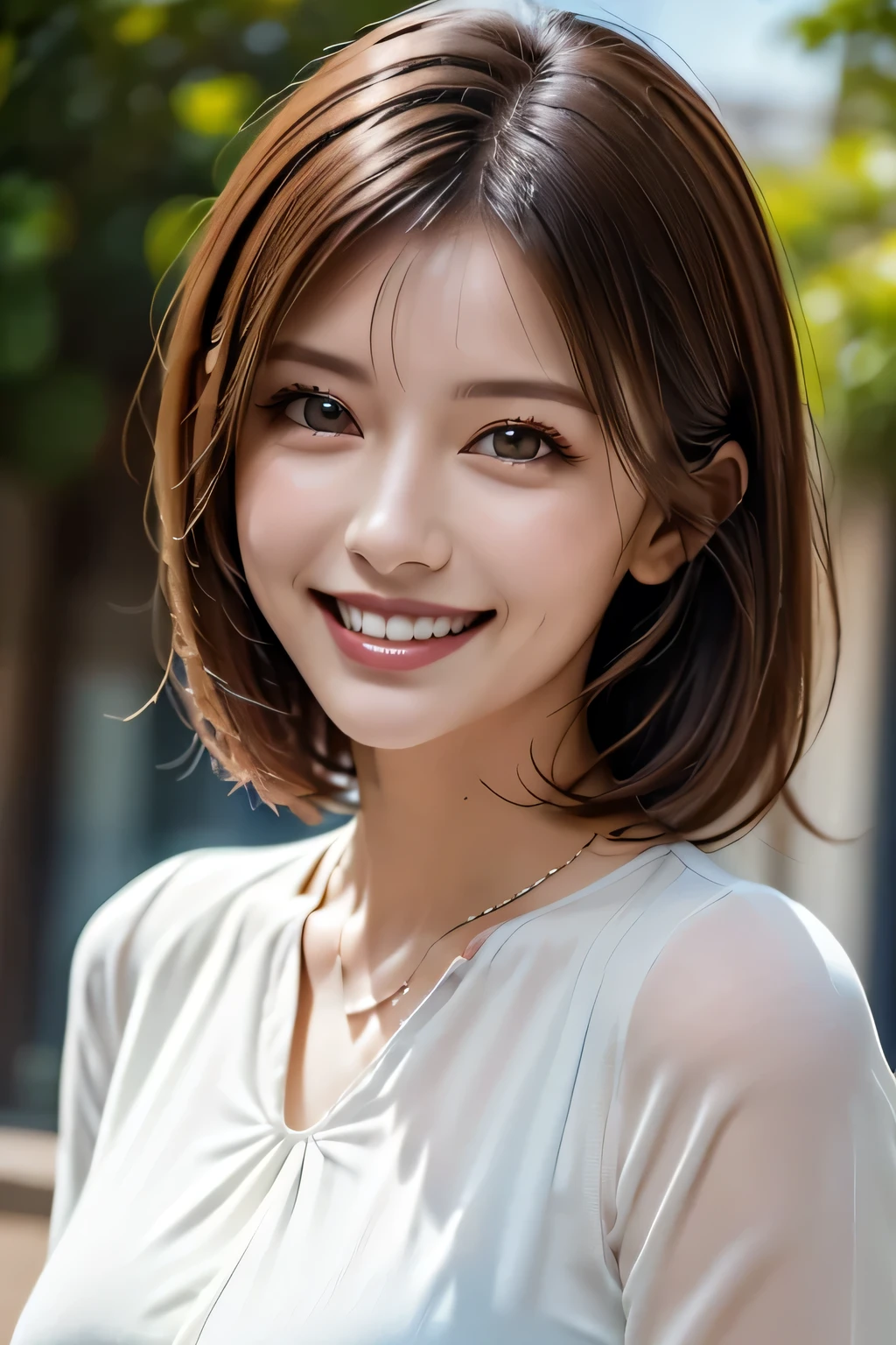 ((masterpiece)), ((Highest quality)), ((Complex)), ((Surreal)), (Realistic), (Mature Woman), ((No classes)), Very detailed, (1 female), Beautiful and exquisite, (Beautiful Teeth), Grin, Brunette bob hair, Brown eyes, ((blouse)), (Upper Body), (background:none), Perfect Eyes, Captivating eyes, Looking at the audience