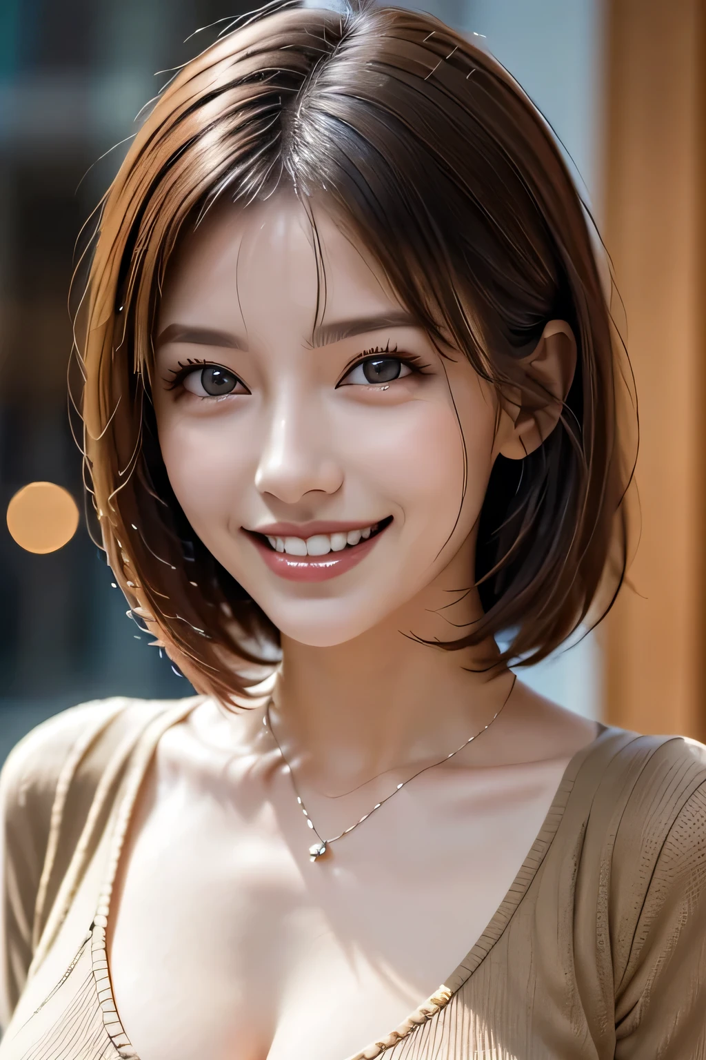 ((masterpiece)), ((Highest quality)), ((Complex)), ((Surreal)), (Realistic), (Mature Woman), ((No classes)), Very detailed, (1 female), Beautiful and exquisite, (Beautiful Teeth), Grin, Brunette bob hair, Brown eyes, ((blouse)), (Upper Body), (background:none), Perfect Eyes, Captivating eyes, Looking at the audience