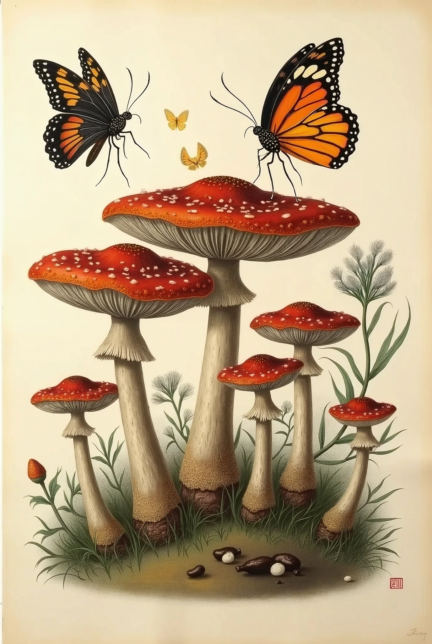 Mushrooms, butterfly botanical illustration from an ancient encyclopedia oil painting