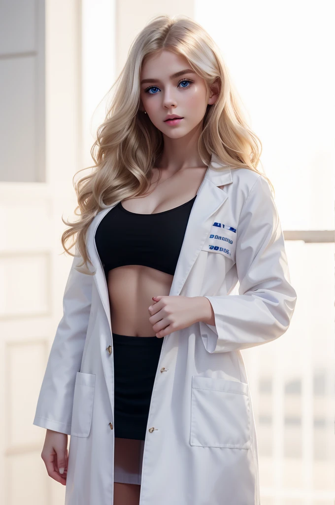 white Miss, beautiful Miss, Pretty Face, Delicate face, White skin, Blonde Hair, Angelic face, Miss, Long hair, Long hair 18 years old, 18 year old Miss,Simple background,blond,Blue Eyes,Black tight skirt,White coat