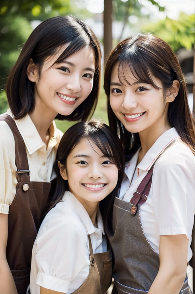 Dental hygienist, two women, smiling, wearing straw-colored collared shirt, short sleeves, Japanese, black hair, women in their early 20s Upper body close-up high resolution Highest quality No accessories included Harmony々 All of them wear brown aprons