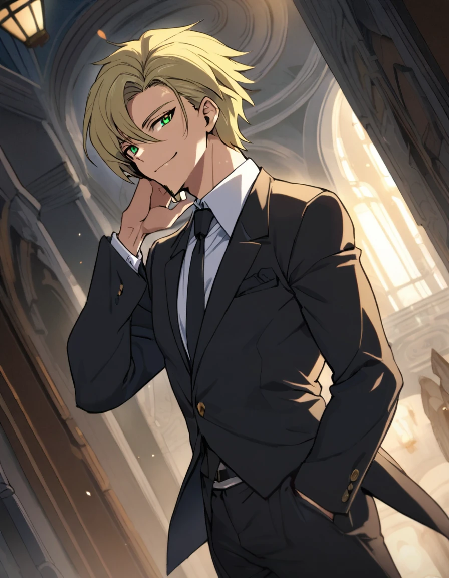 1man, professional spy agent, tired mature, business hair with asymmetrical bangs, narrow goatee, green platina blond hair, emerald eyes, BREAK 45yo, caucasian, ordinary, facial wrinkles, pentagon shaped head, BREAK ideal ratio body proportions, middle weight muscular, beautiful detailed eyes, dark pupil, BREAK solo, funeral clothing, black suit, black necktie, white shirt, friendly smile, at wall street, detailed background, BREAK upperlegs, dandy posing, dramatic expression, 2000s, visual novel, in newest eroge style, dutch angle, cinematic shadows, cinematic lighting, lens flare, light leaks, texture, BREAK absurdres absolutely resolution, extreme all detailed, masterpiece, best quality