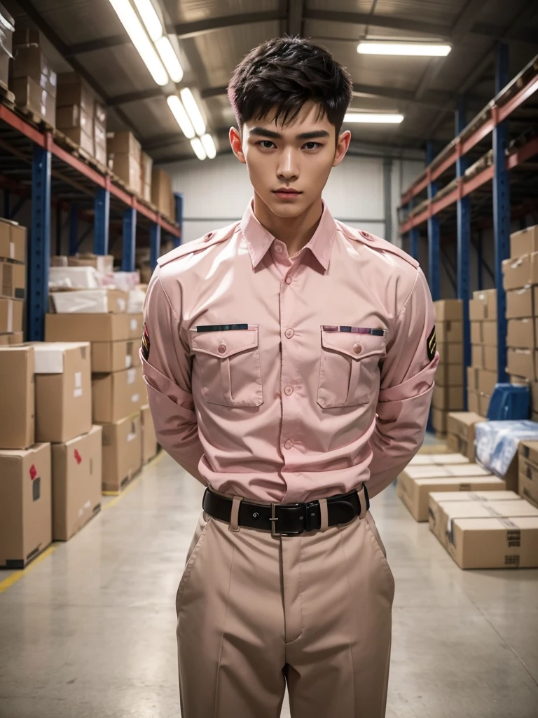 1 Handsome chinese slim guy, 20 years old, Hair combed smoothly, handsome pink soldier,Wearing a pink camouflage shirt,wearing pink military uniform, rugged pink soldier, Wear pink camouflage clothing, majestic,Who is Shi Yu?, Li Yuanbin, Kim Hyung Tae, Kim Hyung Tae, Yin Shishan, Handsome Chinese muscular guy,Broad shoulders and narrow waist,A handsome man wearing a pink camouflage military uniform and a belt,Form-fitting fabric contours the bust,in a remote warehouse,hands tied behind back,Hands tied behind the back,hands tied behind back,Masculine and sexy,High,Muscles look good,hairy body,Wheat complexion,black eyes(thin eyes 1:3),whole body image