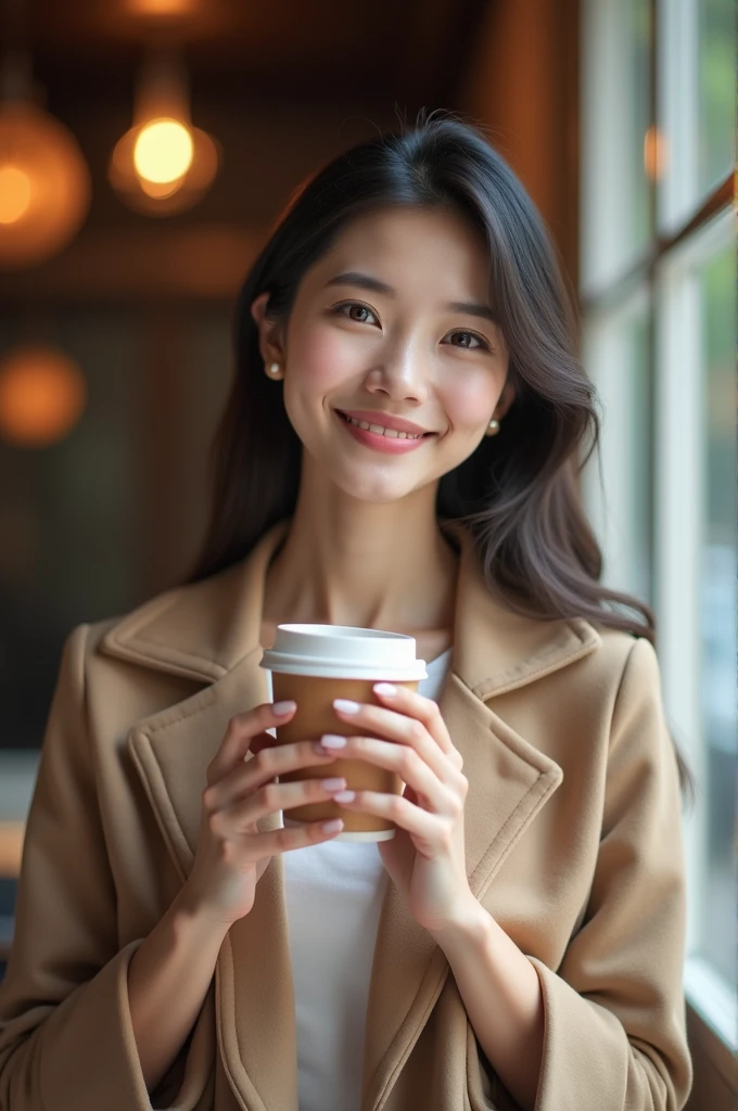 Close-up of the shot,Cafe,window,Beautiful and elegant Asian lady,Holding paper cup