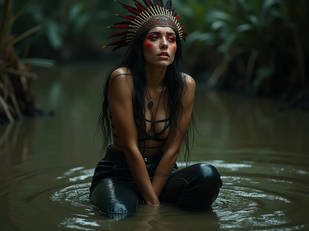 documentary drama portrait, a woman in high heels and wetlook flared jeans and wetlook t-shirt, desperate stuck in bog, victim of ritual, sexy posing, seductive posing, wearing a beautiful headdress and traditional indigenous makeup, red