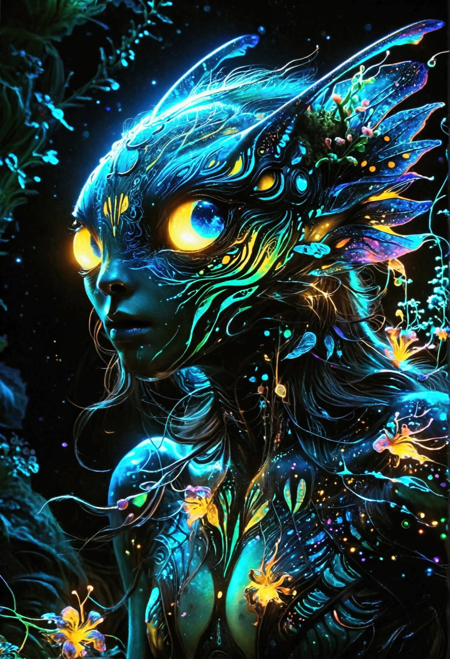 ((((Black Light Art)))), An extraterrestrial creature with multiple colorful appendages and eyes that shimmer in various hues. Its body exudes a bioluminescent glow while it moves in a zero-gravity environment. On its body, intricate patterns are carved out, similar to the constellations in the sky. Its skin color changes adaptively to its surroundings. This alien creature thrives in an alien terrain filled with bioluminescent flora that emits a soft radiating glow, Casting an otherworldly glow across the overall dark background.