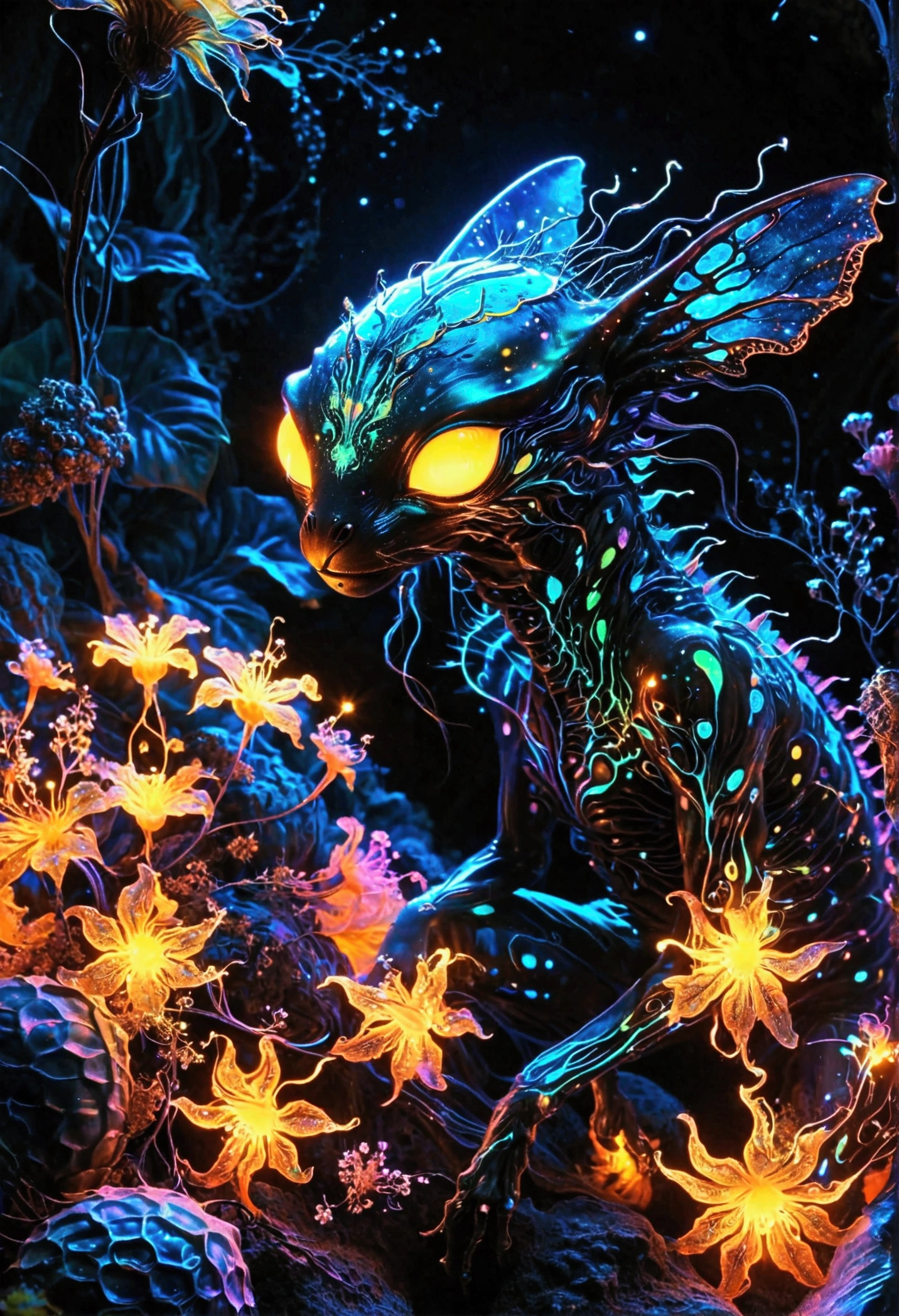 ((((Black Light Art)))), An extraterrestrial creature with multiple colorful appendages and eyes that shimmer in various hues. Its body exudes a bioluminescent glow while it moves in a zero-gravity environment. On its body, intricate patterns are carved out, similar to the constellations in the sky. Its skin color changes adaptively to its surroundings. This alien creature thrives in an alien terrain filled with bioluminescent flora that emits a soft radiating glow, Casting an otherworldly glow across the overall dark background.