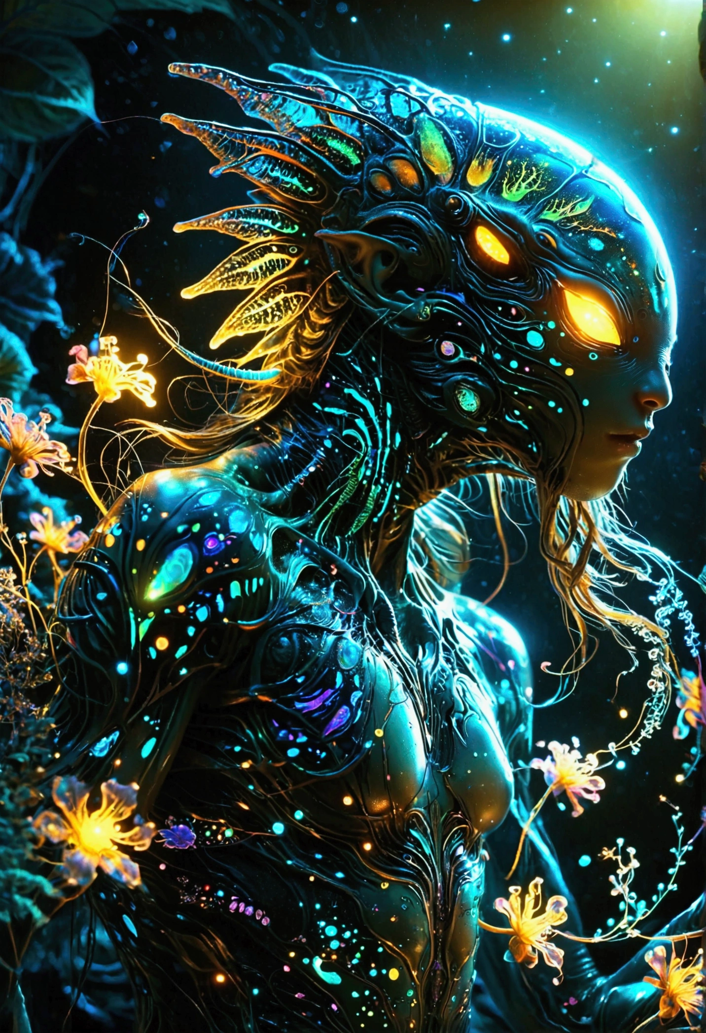 ((((Black Light Art)))), An extraterrestrial creature with multiple colorful appendages and eyes that shimmer in various hues. Its body exudes a bioluminescent glow while it moves in a zero-gravity environment. On its body, intricate patterns are carved out, similar to the constellations in the sky. Its skin color changes adaptively to its surroundings. This alien creature thrives in an alien terrain filled with bioluminescent flora that emits a soft radiating glow, Casting an otherworldly glow across the overall dark background.​