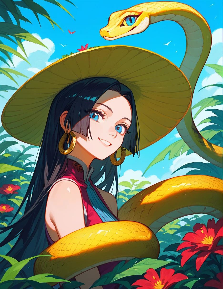 (score_9,score_8_up,score_7_up,score_6_up,score_5_up,score_4_up), ((ONEPIECE)), ((boa hancock)), 1girl,solo, blue eyes, black hair, long hair, looking at viewer,smile,snake, blue sky, clounds, plants, violet dresss, pattern,  
