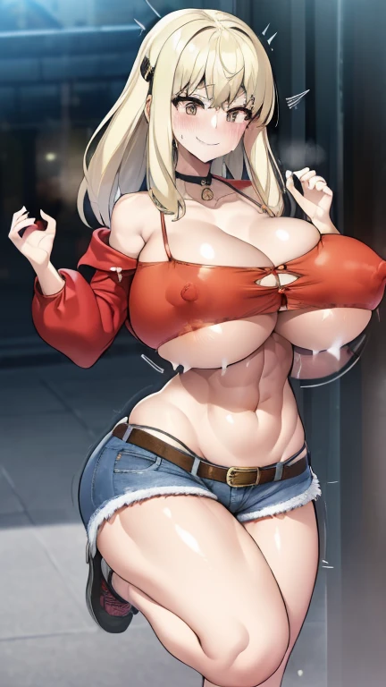 masutepiece++, Best Quality++, ultra-defined++, ultra-defined++,4K++,in 8K++, (Background Focus)++, Highly detailed, Viewer's Perspective、In the street、((((standing split, Highkick,Leg Lift,Standing on one leg))))++++, ((1 milf)), ((((Hi-Res))))++++, (((Denim shorts)))+++, ((((underboob))))++++, ((Red jacket))+ +, ((a belt)) ++, ((choker necklace)), (a blond), (Super shiny hair and skin), (Sunlight), ((Beautiful) ), (Huge breasts_Body: 1.5), (Huge breasts: 1.5), Muscular girl with clearly visible abs and muscles, Sweaty body, cleavage, Dynamism, (Abs cleansing and shaving, Muscle muscle thighs) +, A lively smile, Perfect eyes, Perfect hands, Perfect nose, Magic Battle Dark, Bright atmosphere, (wet effect) +, (light effect), (Cinematic Light) + , (Like a movie of light) + pene saliendole de la entrepierna, punta de los pechos resaltando