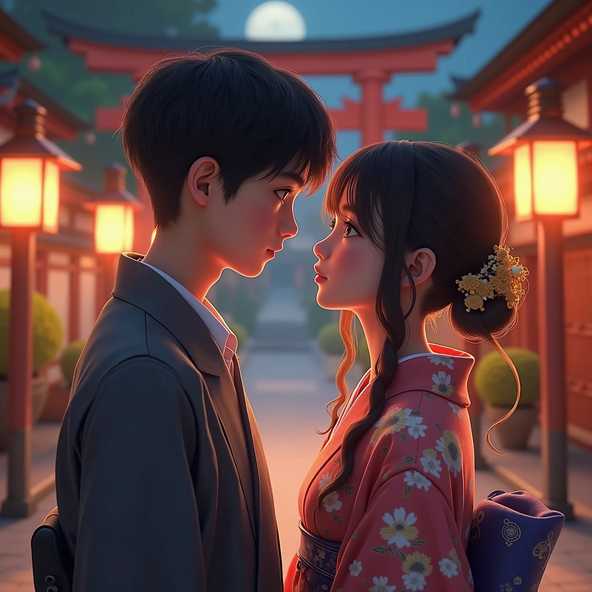 A girl in a yukata on a summer festival night confesses her love to a boy in casual clothes、Japanese shrine courtyard、Highly detailed face、Beautifully detailed eyes、Beautifully detailed lips、Highly detailed eyes and face、Long eyelashes、Detailed Background、Detailed lighting、Lantern、moonlight、Bright colors、Cinematic lighting、Detailed kimono、Photorealistic、masterpiece、8k、Super detailed、Real、Bright colors、Studio Lighting、Physically Based Rendering