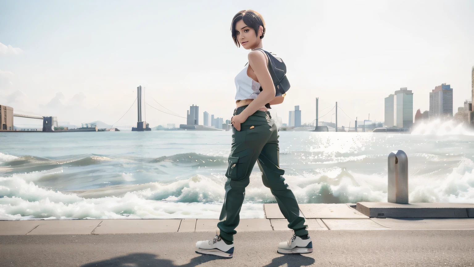 1girl，（girl, full body, Looking Back Over Shoulder, Loose Cargo Pants, Skateboard Shoes），（New York streets in the background：1.35）, （Bright street:1.33）Natural skin texture, 35 mm, 4K Textures, Soft lighting, original photo, Photorealism, elegant, Very detailed, Sharp focus, Ultra detailed, （Blonde short hair：1.37），（short hair），Smile，(film:1.33) , ultra high res, (photorealistic: 1.4)，（add_detail:1）Bright Light，street，sunny，sunny，best quality, high resolution, Extremely detailed