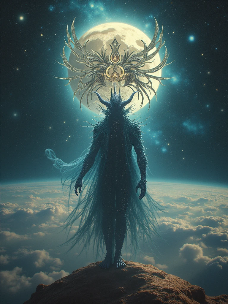 ((((Black Light Art)))),A cosmic scene featuring an extraterrestrial entity with demonic characteristics. The entity's form is composed of phosphorescent light, resembling the cosmic bodies in the dark universe around it. It is presented in a grand, epic manner, with it overlooking the Earth and radiating a mysteriously dark fire. The entity carries both esoteric and hidden aspects, akin to the Hindu god Shiva. A royal atmosphere fills the background, showcasing a large regal, intricate crown, indicative of high-ranking royal jewelry. Elements of both nature and robotics are woven into its design. The full shot is symmetrical, giving way to a balanced composition. Interplay of hyperrealistic textures and dynamic lighting creates a fantastical look. Note that the style should resemble pre-20th century romanticism in oil painting, highlighting dramatic, emotional impacts.