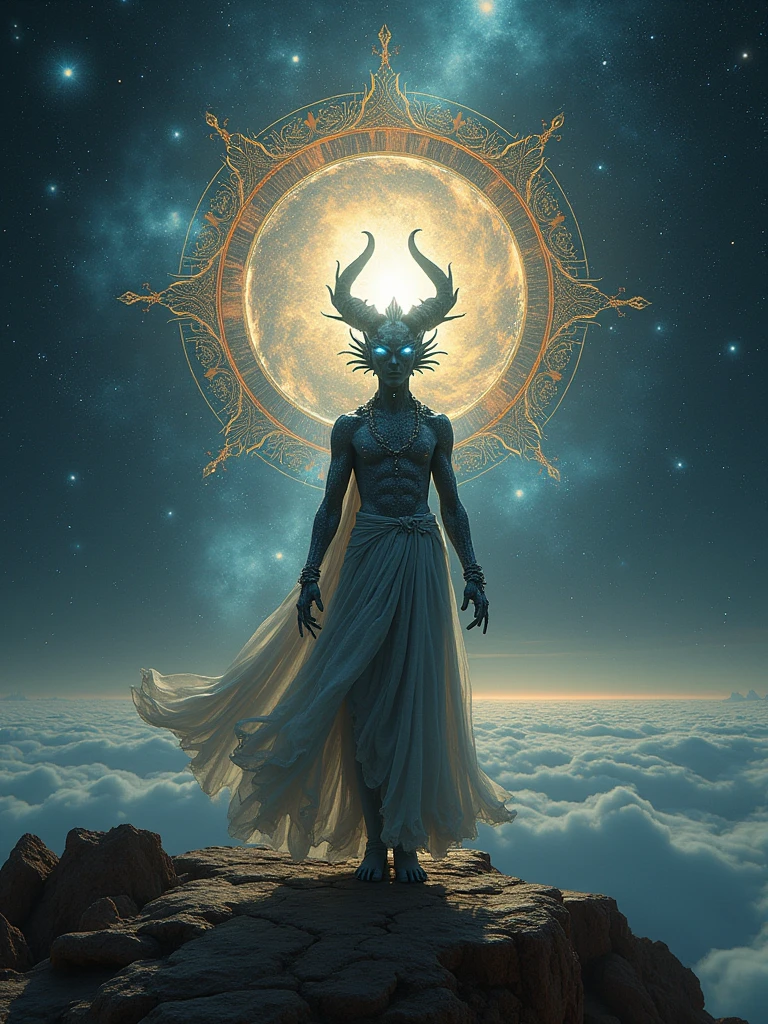 ((((Black Light Art)))),A cosmic scene featuring an extraterrestrial entity with demonic characteristics. The entity's form is composed of phosphorescent light, resembling the cosmic bodies in the dark universe around it. It is presented in a grand, epic manner, with it overlooking the Earth and radiating a mysteriously dark fire. The entity carries both esoteric and hidden aspects, akin to the Hindu god Shiva. A royal atmosphere fills the background, showcasing a large regal, intricate crown, indicative of high-ranking royal jewelry. Elements of both nature and robotics are woven into its design. The full shot is symmetrical, giving way to a balanced composition. Interplay of hyperrealistic textures and dynamic lighting creates a fantastical look. Note that the style should resemble pre-20th century romanticism in oil painting, highlighting dramatic, emotional impacts.