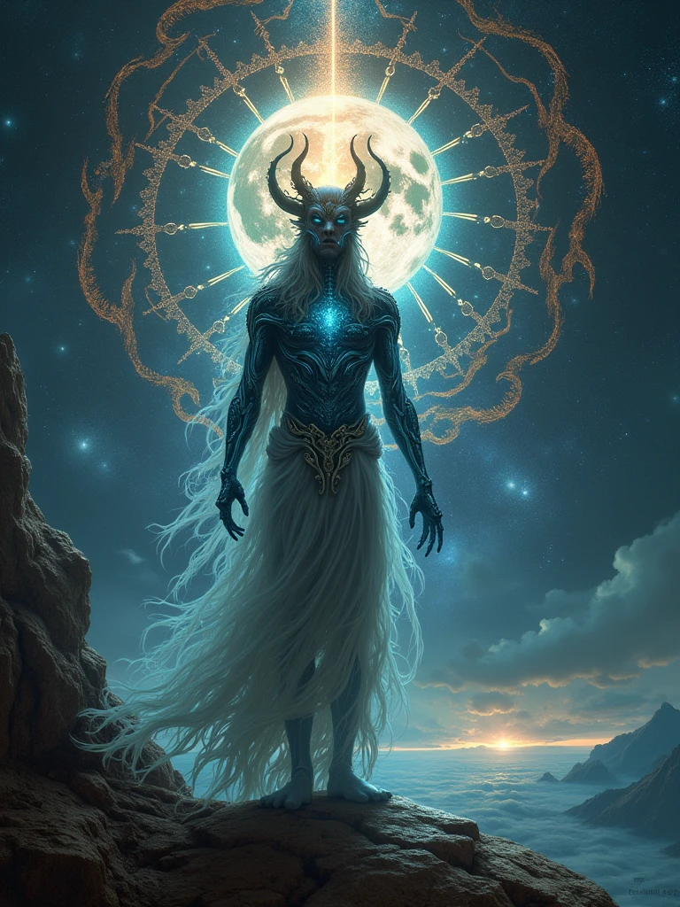 ((((Black Light Art)))),A cosmic scene featuring an extraterrestrial entity with demonic characteristics. The entity's form is composed of phosphorescent light, resembling the cosmic bodies in the dark universe around it. It is presented in a grand, epic manner, with it overlooking the Earth and radiating a mysteriously dark fire. The entity carries both esoteric and hidden aspects, akin to the Hindu god Shiva. A royal atmosphere fills the background, showcasing a large regal, intricate crown, indicative of high-ranking royal jewelry. Elements of both nature and robotics are woven into its design. The full shot is symmetrical, giving way to a balanced composition. Interplay of hyperrealistic textures and dynamic lighting creates a fantastical look. Note that the style should resemble pre-20th century romanticism in oil painting, highlighting dramatic, emotional impacts.